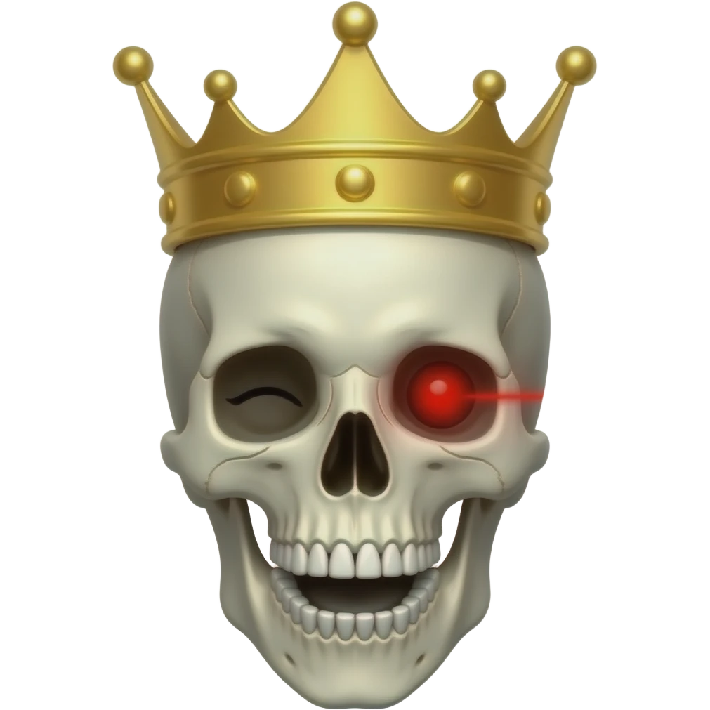 A scull with one red laser eye that is winking and has a crown looking from an 25 degree angle and has open mouth emoji