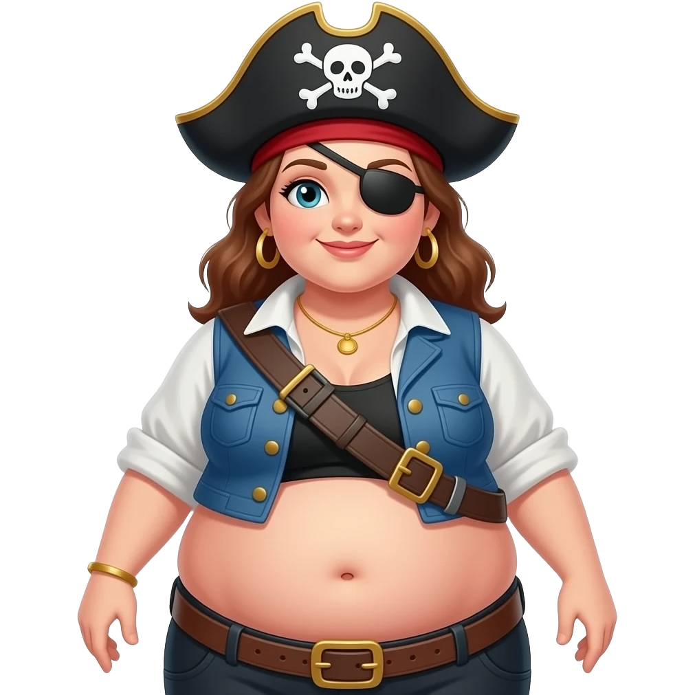 A obese pirate girl,female/doe,her fatty body is ballooning into blimp,her stomach constantly bulging from extreme fullness,her bellybutton is making sure she is a perfect fit for a spot on a fat bountiful tummy,A happily fat & full girl is so well fed,her tubby stomach pops buttons. emoji