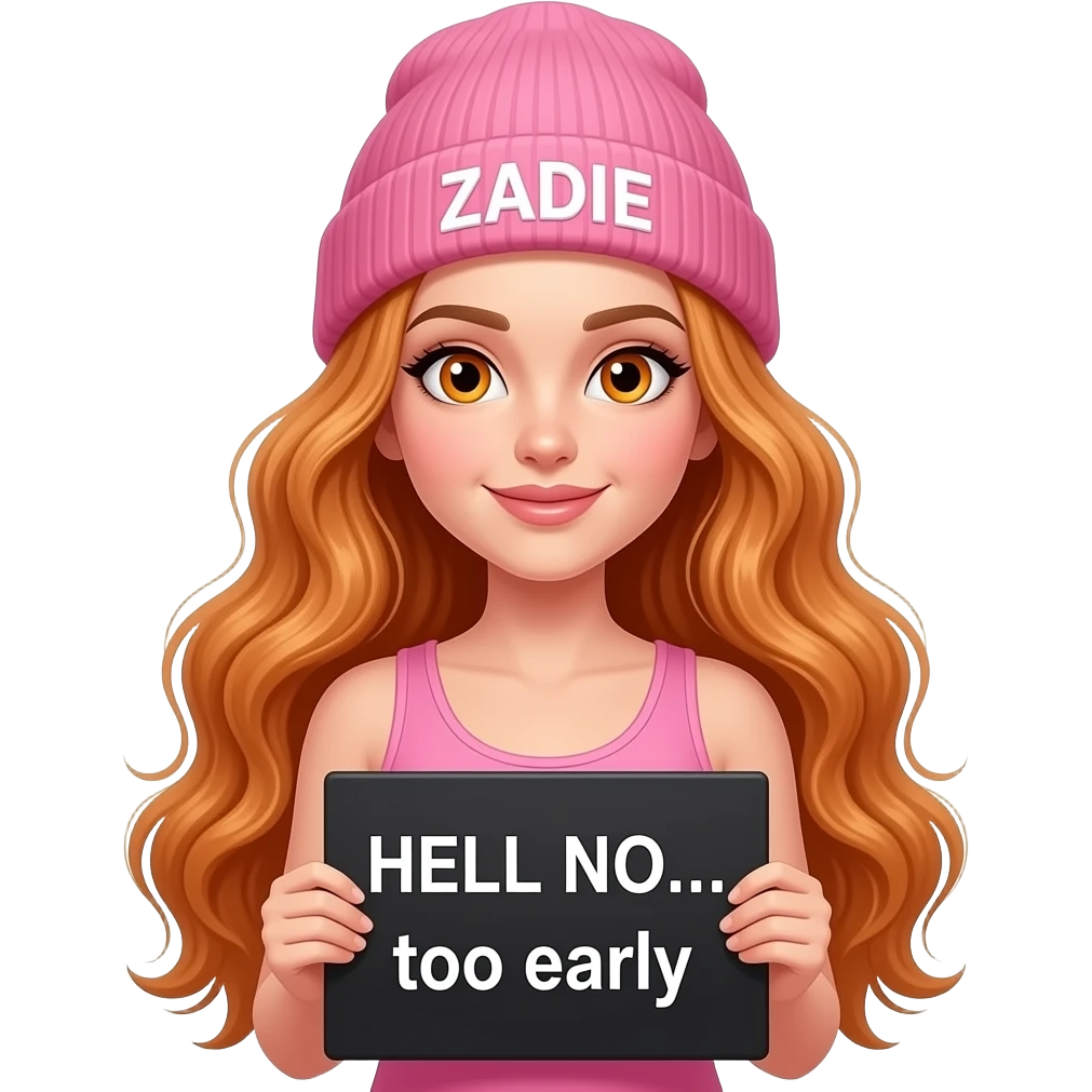 sexy girl with overlong wavy ginger hair and ginger eyes wearing a pink tanktop and a pink beanie with ZADIE written on it, is holding a black sign with HELL NO... too early written on it emoji