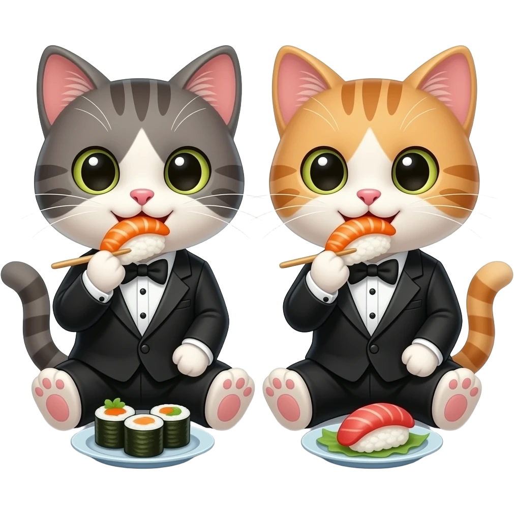 two happy cats with eyelashes dressed in tuxedos eating sushi emoji ...