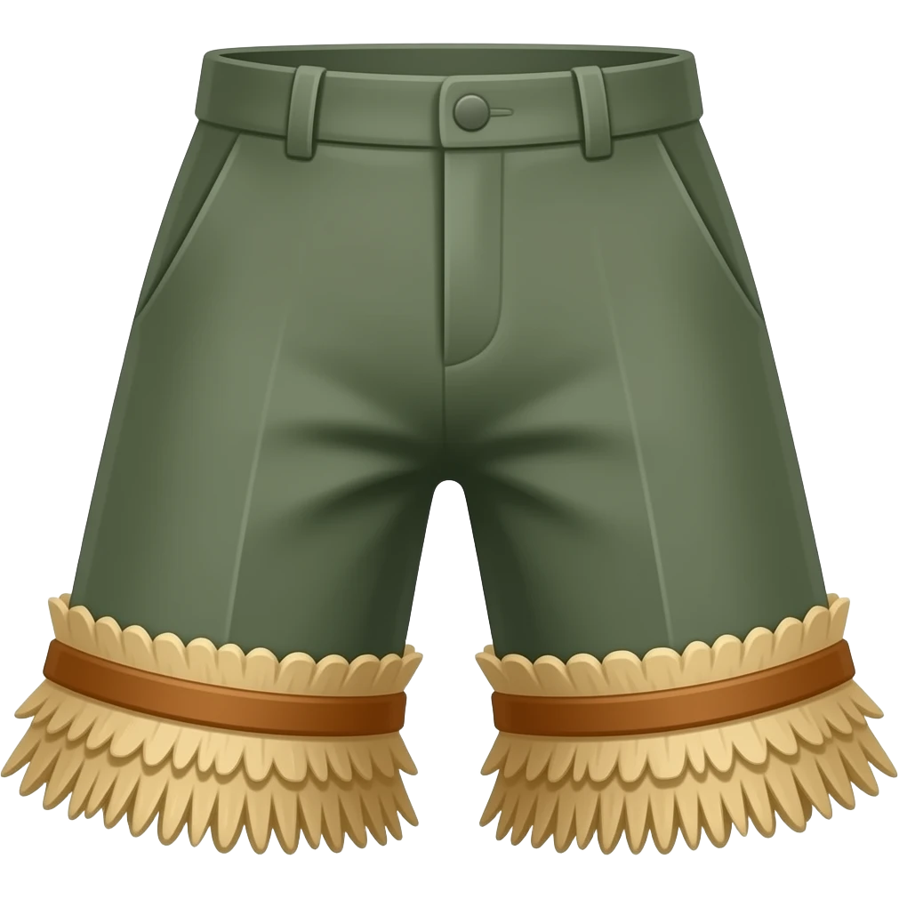 The trousers are a muted olive green.  A distinctive feature is the ruffled trim around the ankles   A distinctive feature is the ruffled trim around the ankles, in alternating bands of light brown and beige, resembling straw or fringe emoji