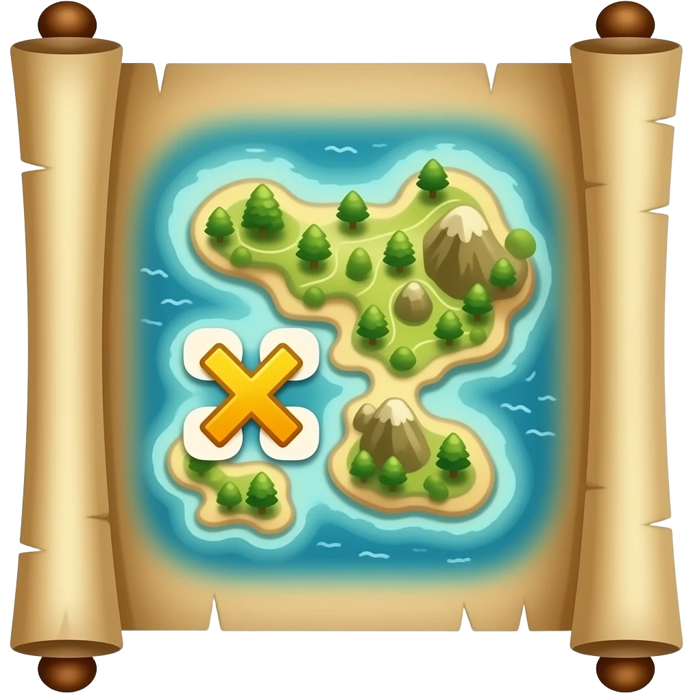A treasure map, highly detailed, depicting the ocean, 3 islands, and X marks the location of the treasure, old parchment, slightly scrolled ends emoji