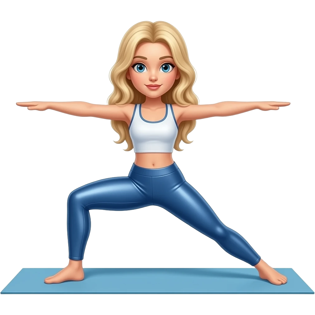 Blonde girl in shiny blue leather leggings doing yoga emoji