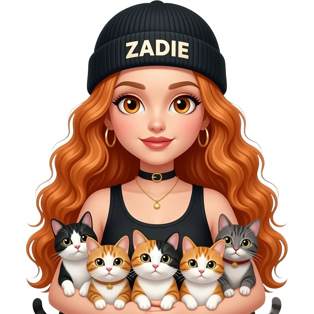 sexy girl with overlong wavy ginger hair and ginger eyes wearing a black tanktop and a black beanie with ZADIE written on it,  is holding 5 cats emoji