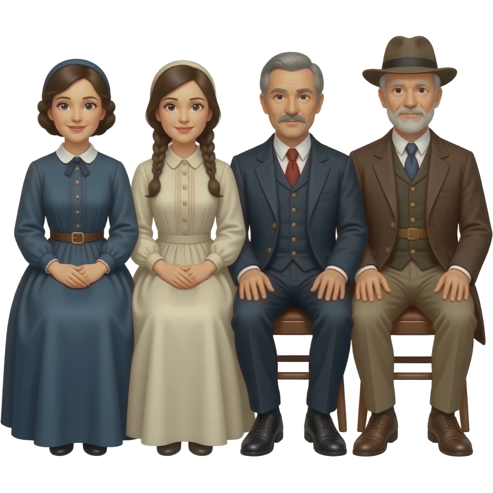 two mothers and two fathers depicted in sitting poses as in daguerreotypes posing in vintage civilian clothes emoji
