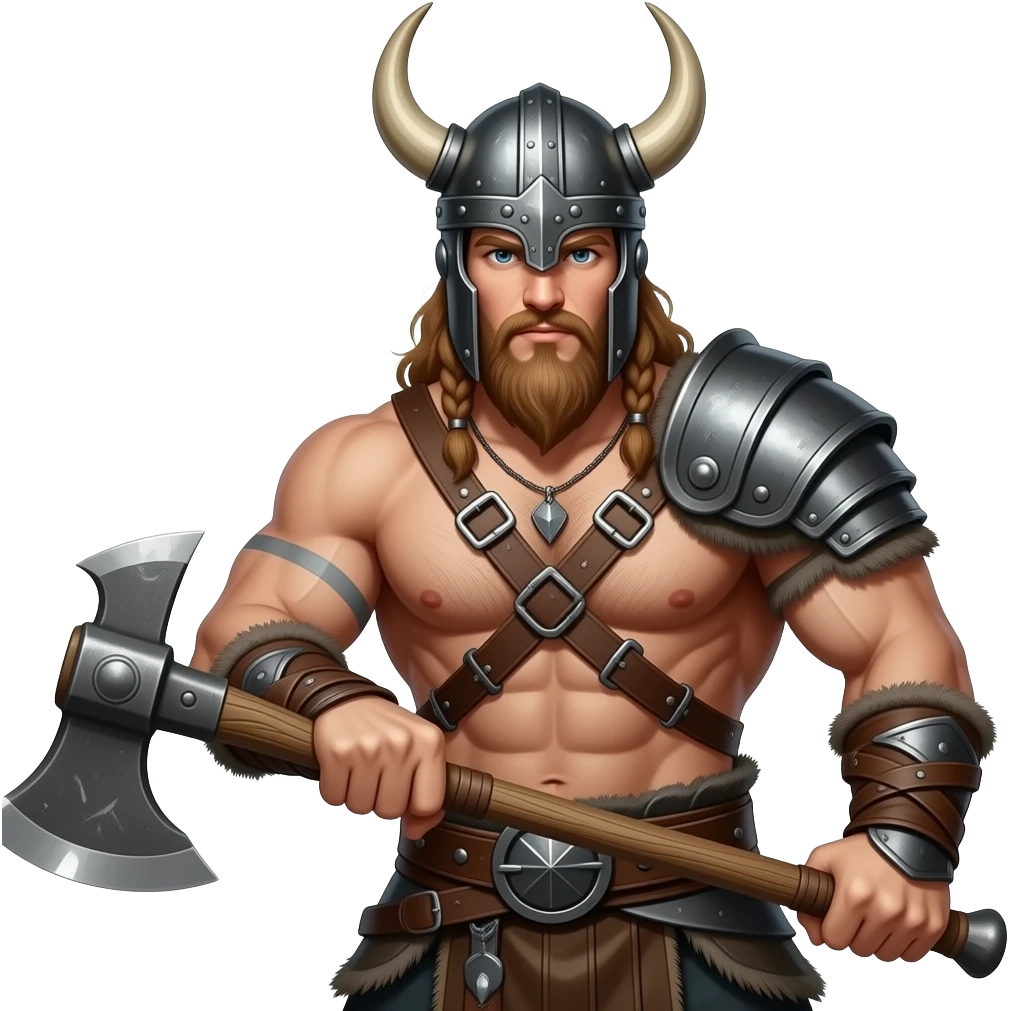 Vikinger mit nackten maskulinen Oberkörper und einer behaarten und starker Brust, mit Leder Riemen und Schulterpanzer. Er schwinkt eine Axt und trägt ein Helm mit Hörnern emoji