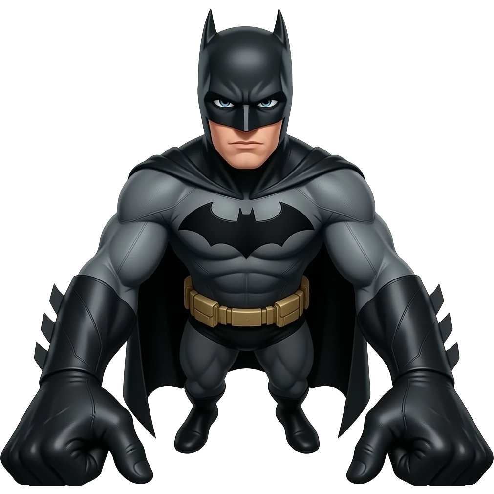 Batman, athletic physique all black costume, 90° fov, short light, Hyper -realistic emoji