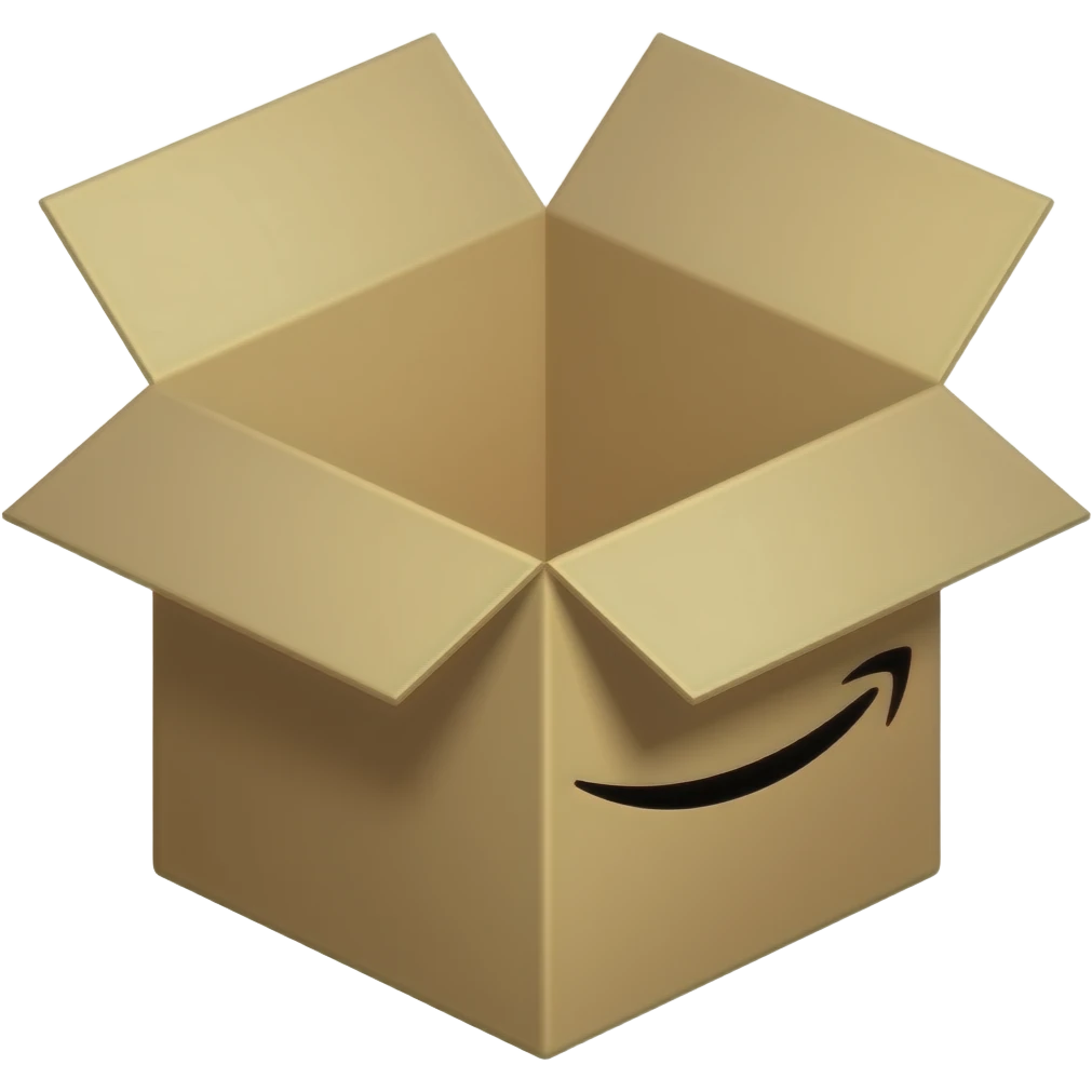 square cardboard box slightly open. with the amazon logo on the side of it emoji
