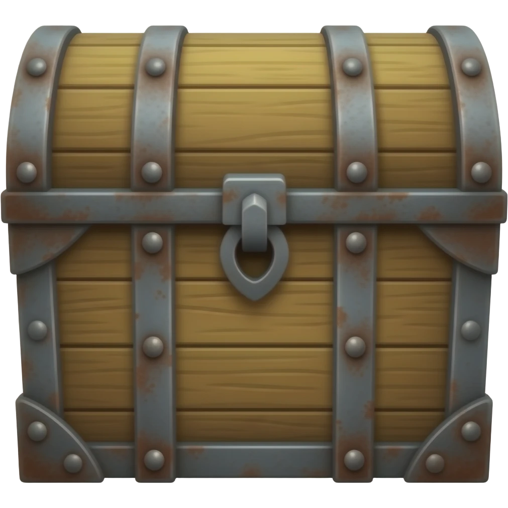 hyper-realistic, Plain looking battered wooden chest with iron straps, closed, facing forward emoji