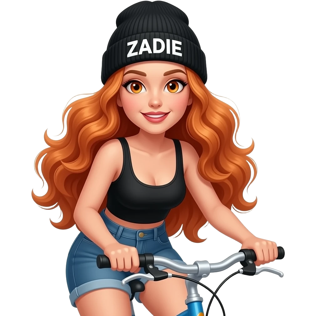 sexy girl with overlong wavy ginger hair and ginger eyes wearing a black tanktop and a black beanie with ZADIE written on it, is riding a bike emoji