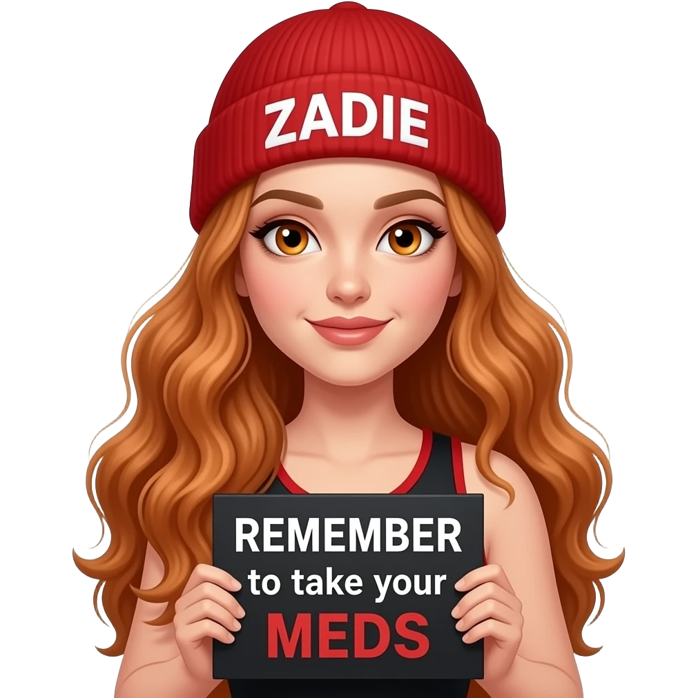 sexy girl with overlong wavy ginger hair and ginger eyes wearing a black red tanktop and a red beanie with ZADIE written on it, is holding a black sign with REMEMBER to take your MEDS written on it emoji