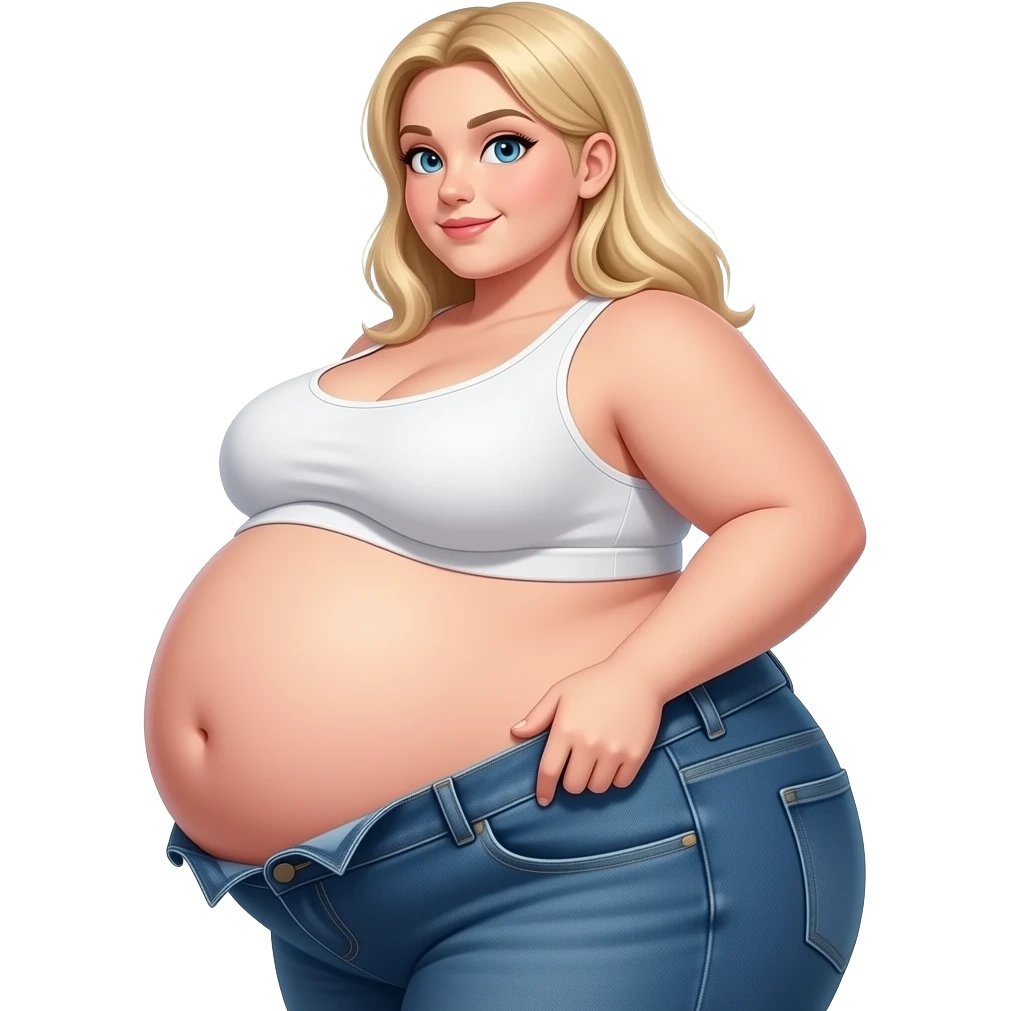 A girl with a huge bloated belly, side view, extremely big belly, gigantic belly fallig over her pants, blonde white girl, gigantic round boobs, massive ass, low belly over jeansjeans. Apple emoji type emoji
