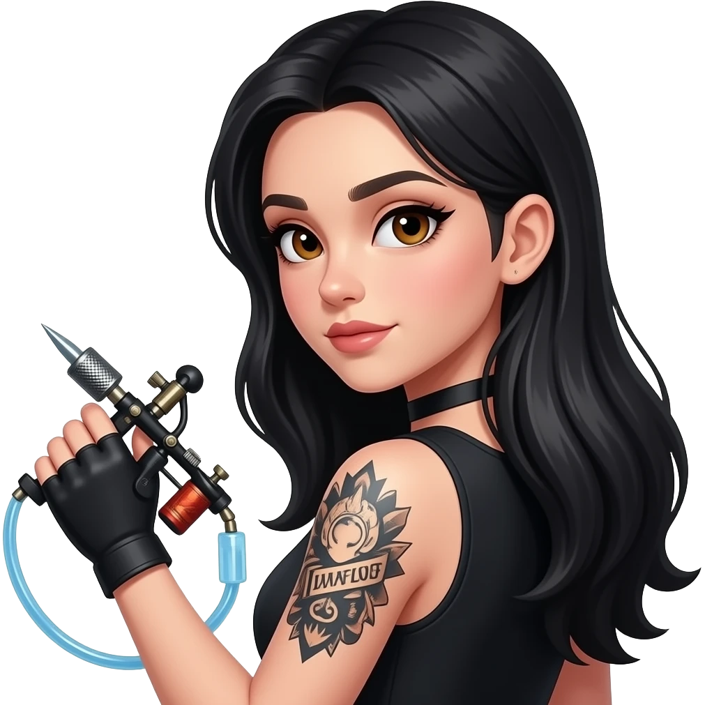 G woman with dark brown eyes long black hair with half a sleeve holding a tattoo machine facing back emoji