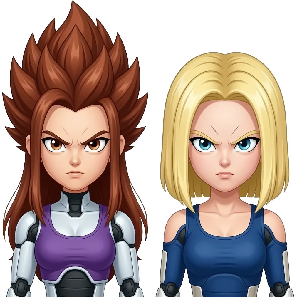 brown bushy auburn haired female android 21 and blonde shoulder length haired android 18 from dragon ball fighterz are both become turned out as evilness emoji