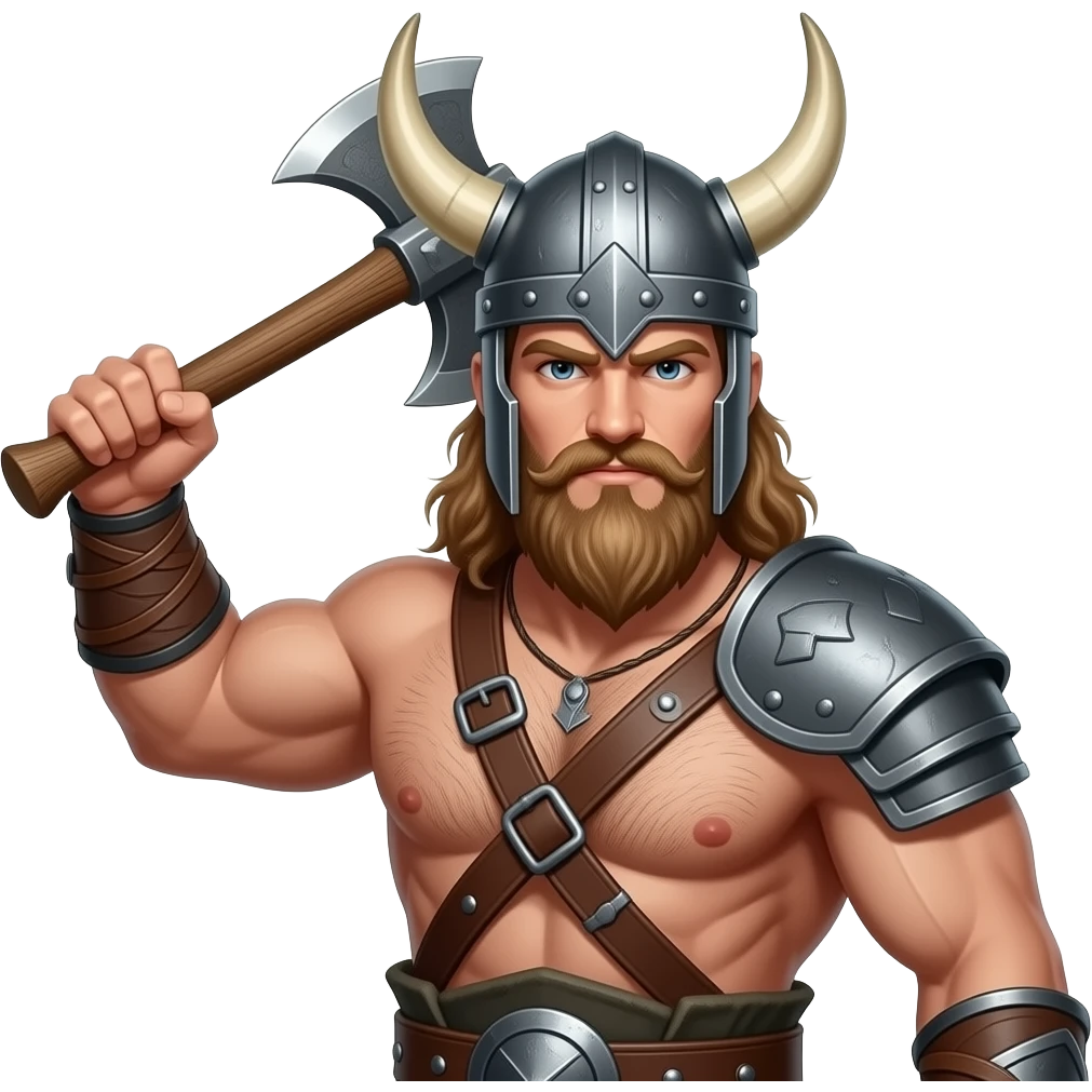 Nahaufnahme von einem Vikinger mit nackten muskulösem körper und einer behaarten und kräftigen männlichen Brust, mit Leder Riemen und Schulterpanzer. Er schwinkt eine Axt mit seiner rechten Hand und trägt ein Helm mit Hörnern und Bart emoji