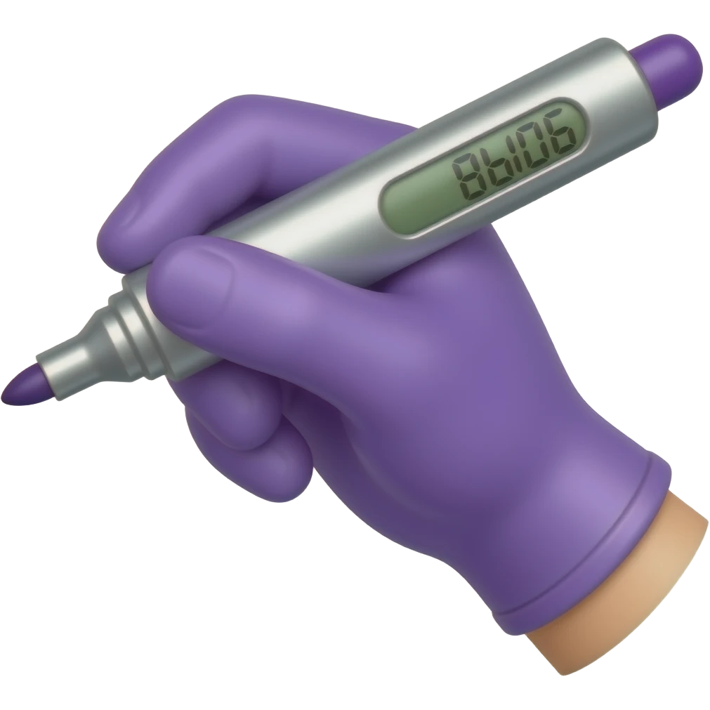 female hand in purple simple glove writing with big bold metallic marker, small display timer on the marker emoji