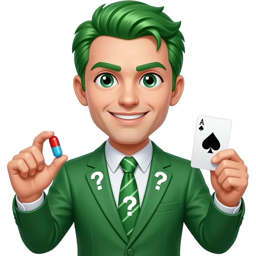 make suit green with question marks with green hair  and holding pill in one hand and playing card emoji