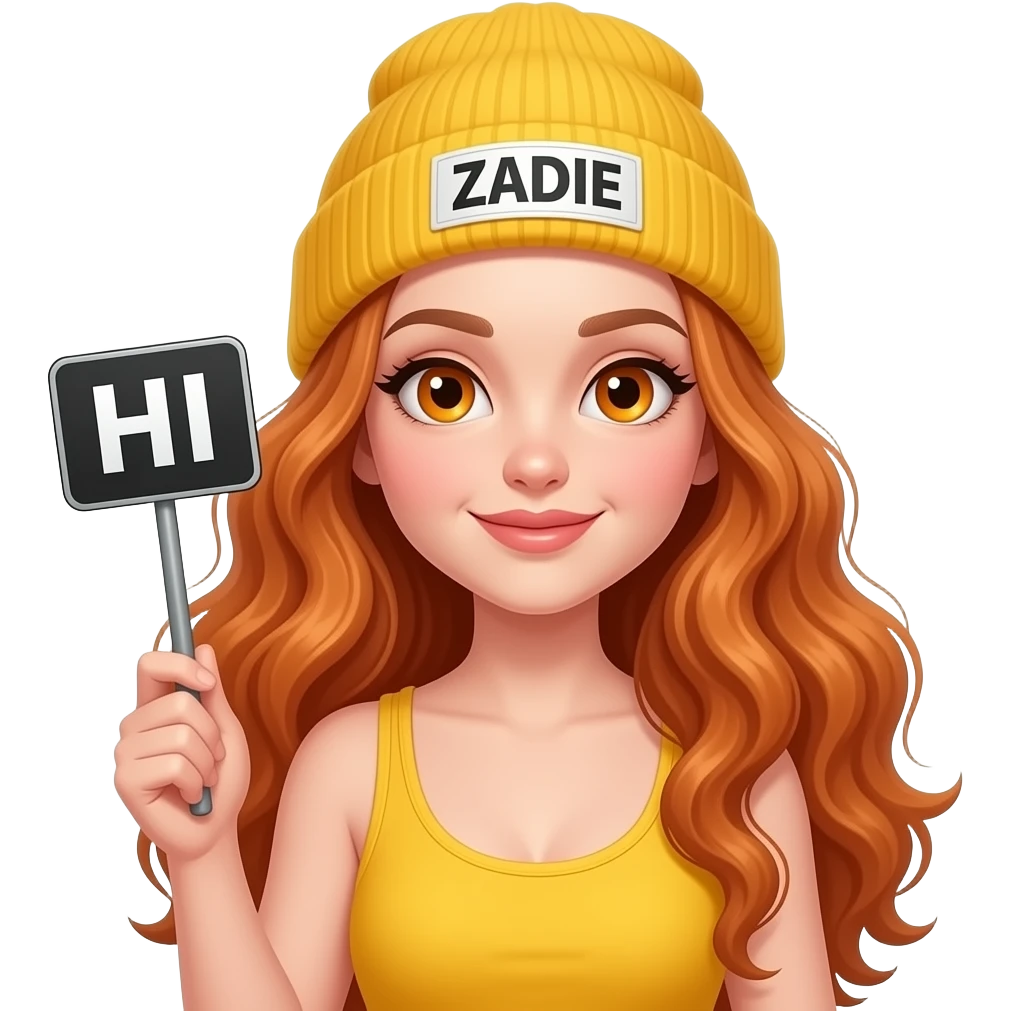 sexy girl with overlong wavy ginger hair and ginger eyes wearing a yellow tanktop and a yellow beanie with ZADIE written on it, is holding a black sign with just HI on it emoji