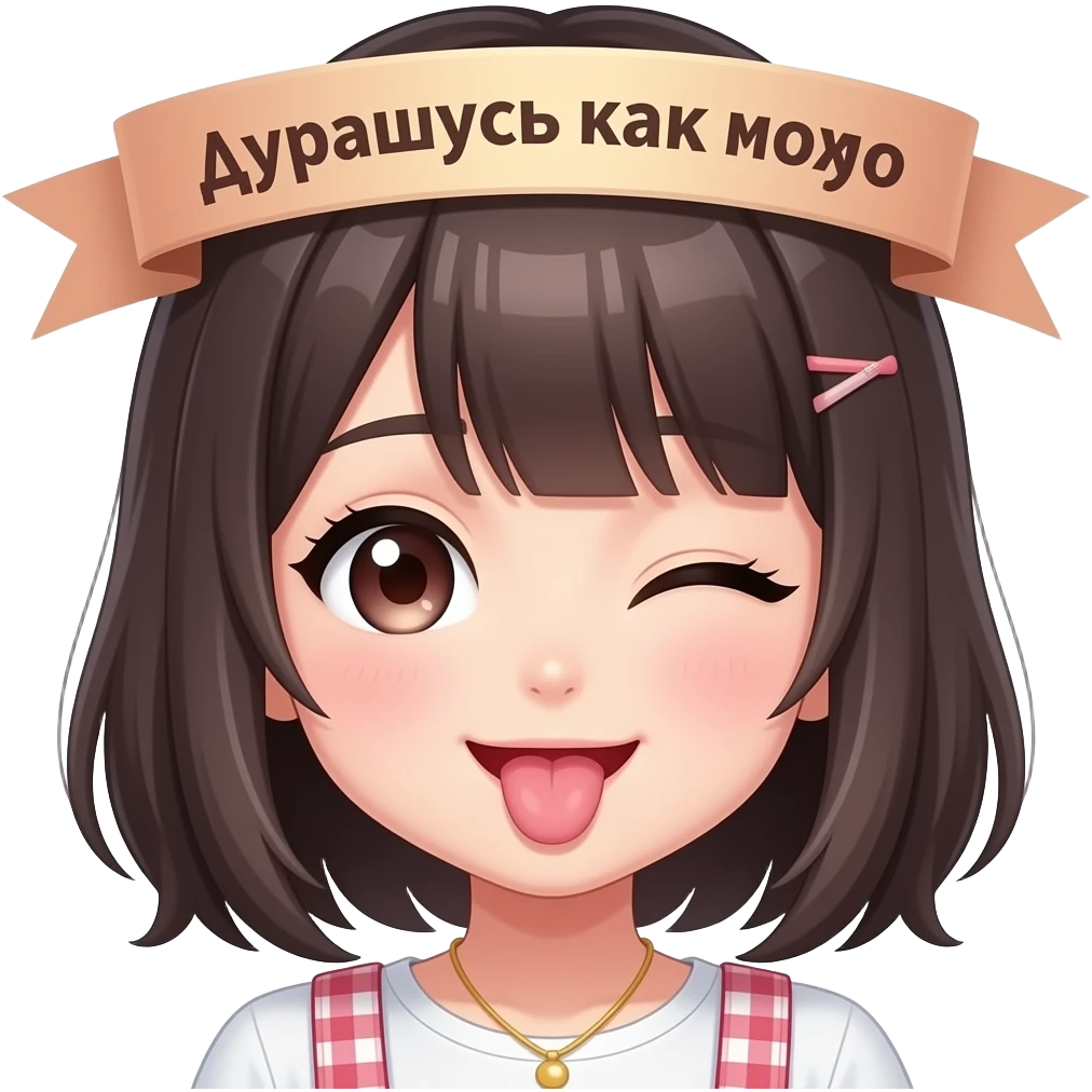 Создай аниме персонажа девушку   с высунутым языком и подмигивающая, сверху подпись дурачусь как хочу emoji