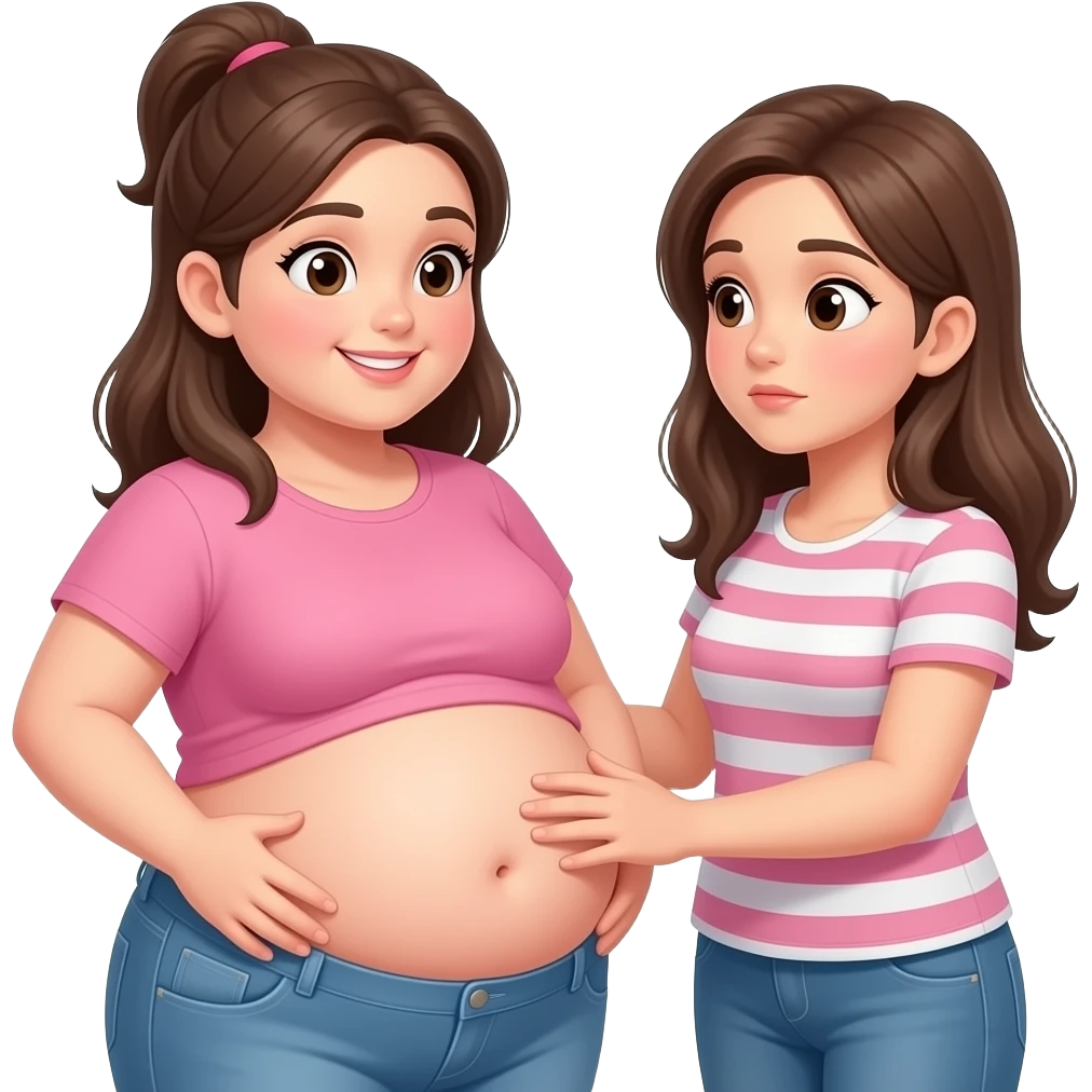 A meeting with two girls,After a great long lunch,one girl is full & fat,her bellybutton is peeking out,her big belly is getting noticed,so other girl was impressed and eagerly touching the one overfed girl’s bloated belly, emoji