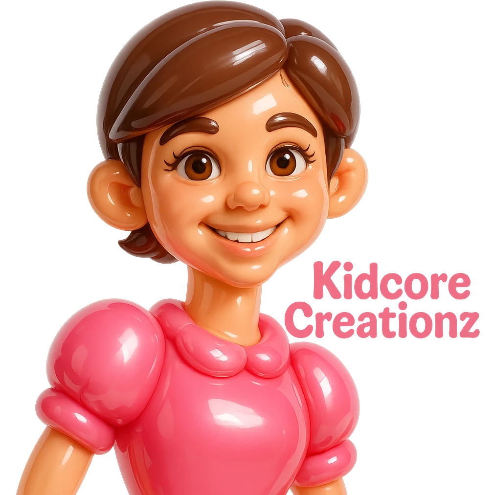Lightskin girl with a pixie cut
pink blouse
brown eyes
expression is smiling
Add the word Kidcore Creationz in Pink emoji