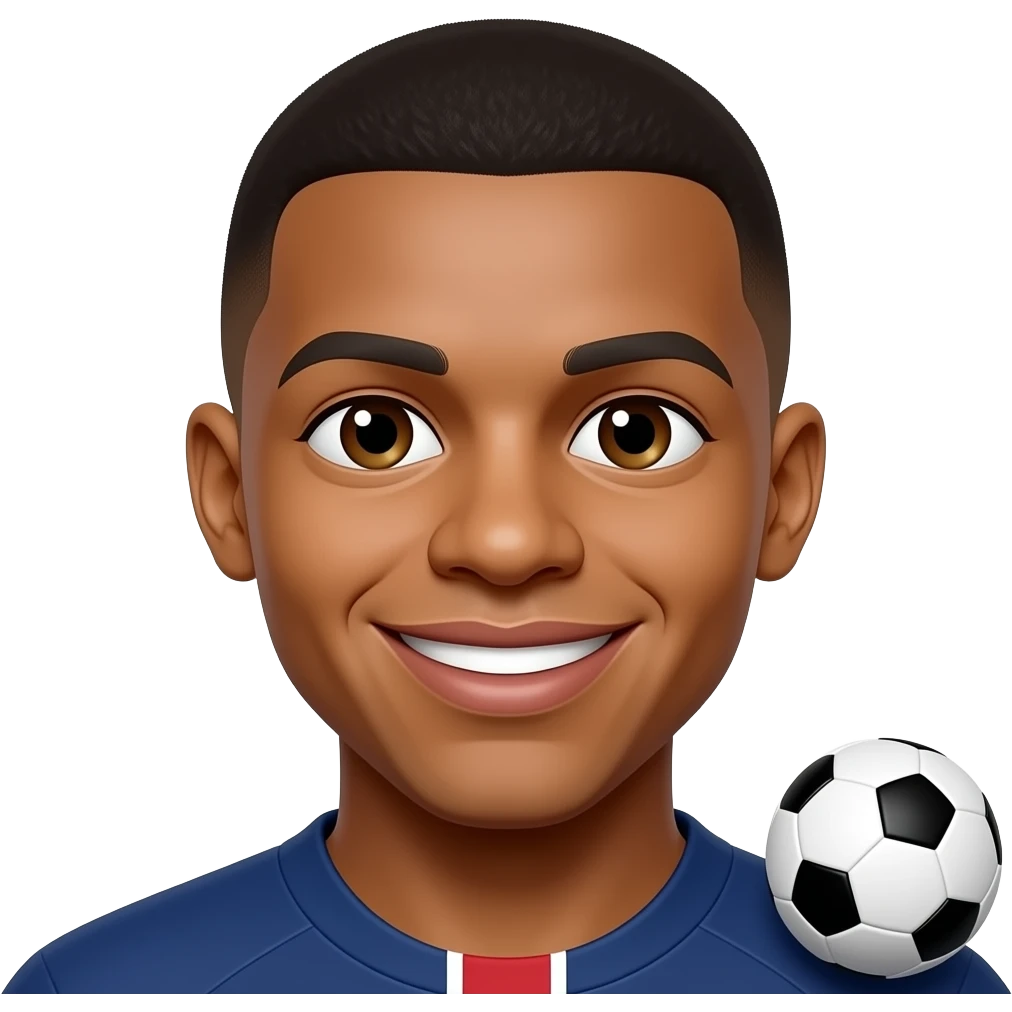 Mbappe-inspired 3D emoji, same face every time, 1 football near lower-right corner, glossy 3D style. emoji