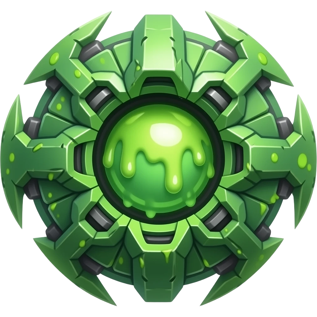 toxic green mech bayblade, slime energy core, jagged armor plates emoji