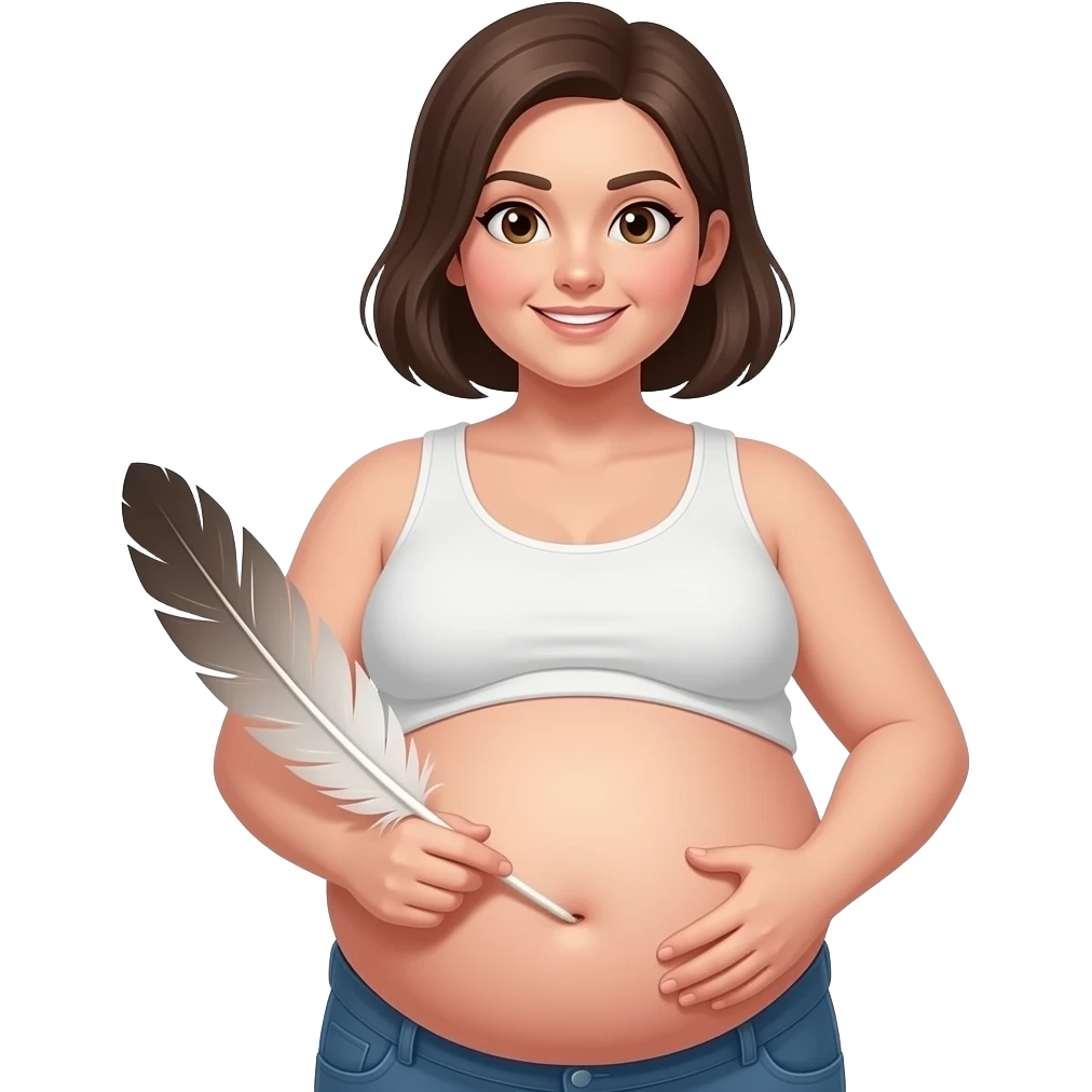 A girl with a huge bloated belly,now faces a battle with a feather that wants to tickle her bellybutton. emoji