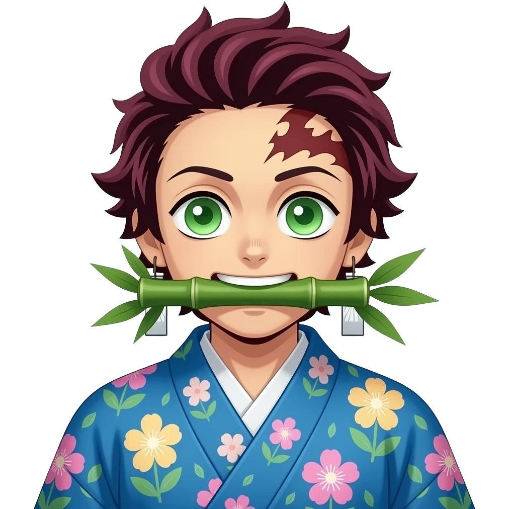 Que se parezca a Nezuco Demon Slayer pero con los ojos verdes el bambú grueso en la boca el kimono azul y flores color pastel emoji