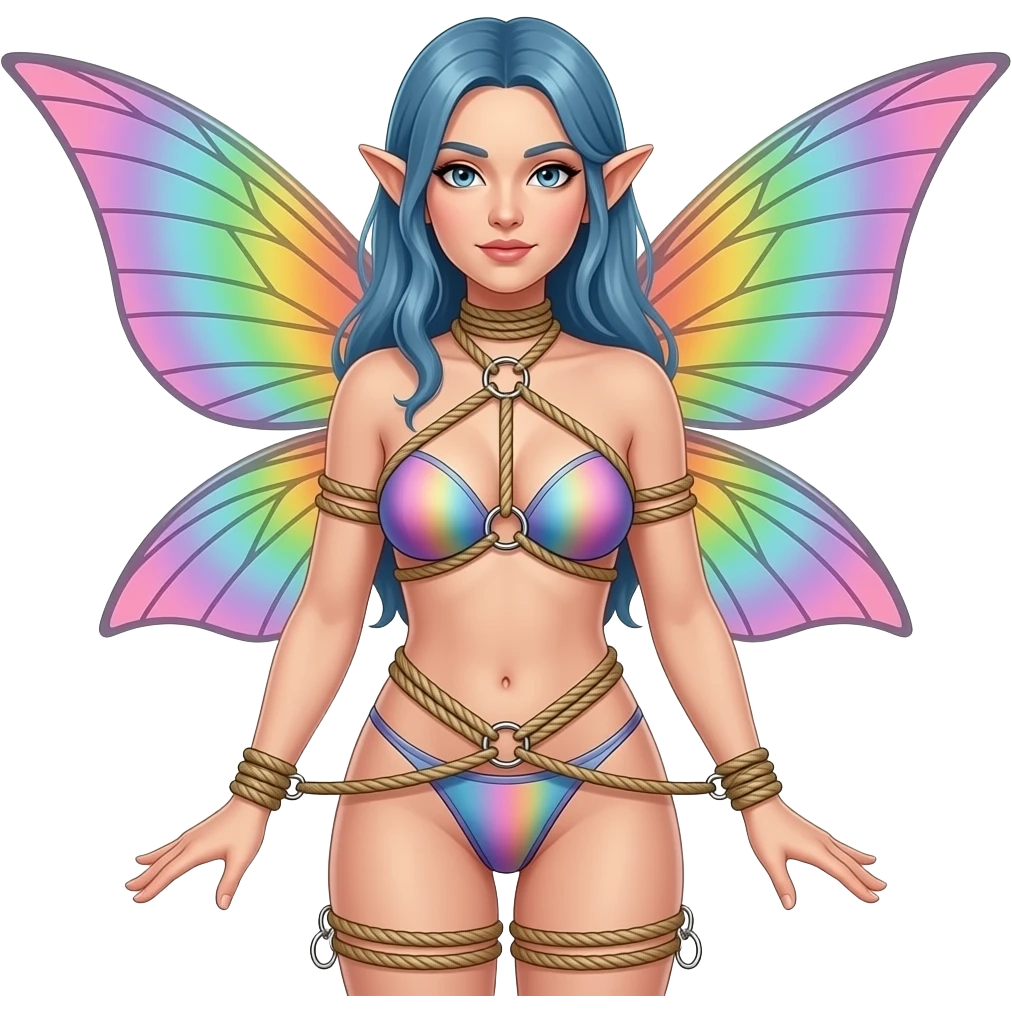 Masturbating submissive naked fairy in shibari rope body harness, full body. Rainbow fluo emoji