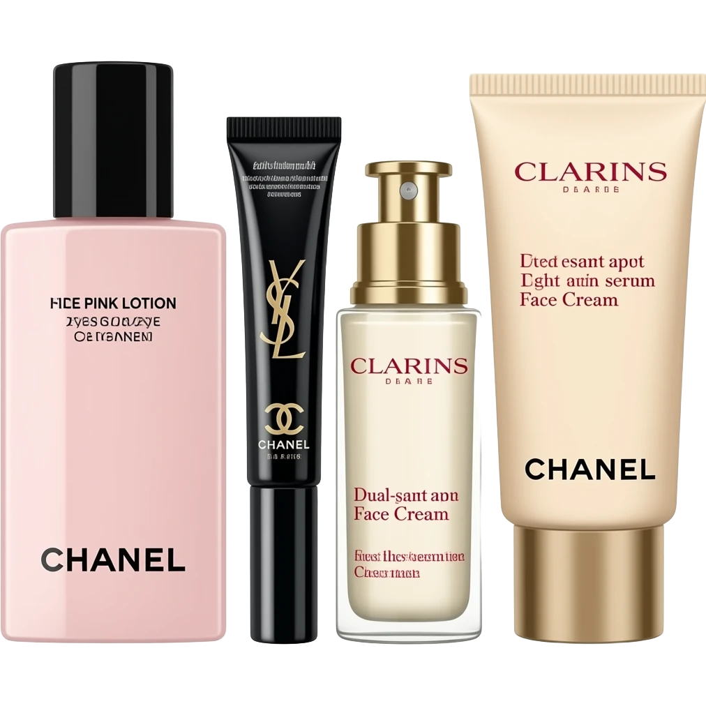 Chanel Pink Lotion, Yves Saint Laurent Eye Cream, Dior Face Cream, Clarins Dual-Action Serum, and Chanel Cleanser, along with a sheet mask, neatly arranged emoji
