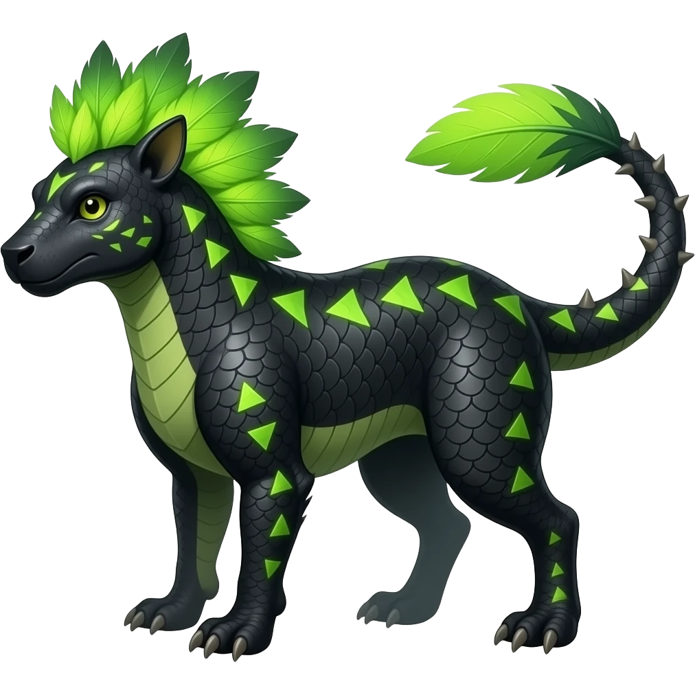 Cool edgy ancient black-scaled with neon-colored triangular stripe markings digitigrade bipedal vintage futuristic fantasy-Cyberpunk-Steampunk-Solarpunk-Genesect-Salamence-Tyranitar-Vernid-Fionbri-Fakémon-animal-hybrid, with neon-green feather-mane, and a tail blade, back spikes, full body emoji