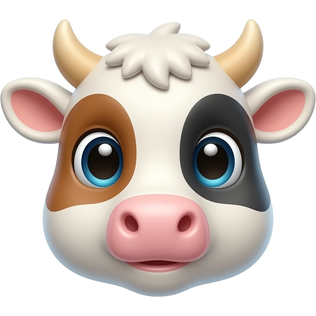 Baby cow emoji, innocent expression, large eyes, small horns, pastel colors, kawaii style, rounded 3D emoji, clean icon design emoji