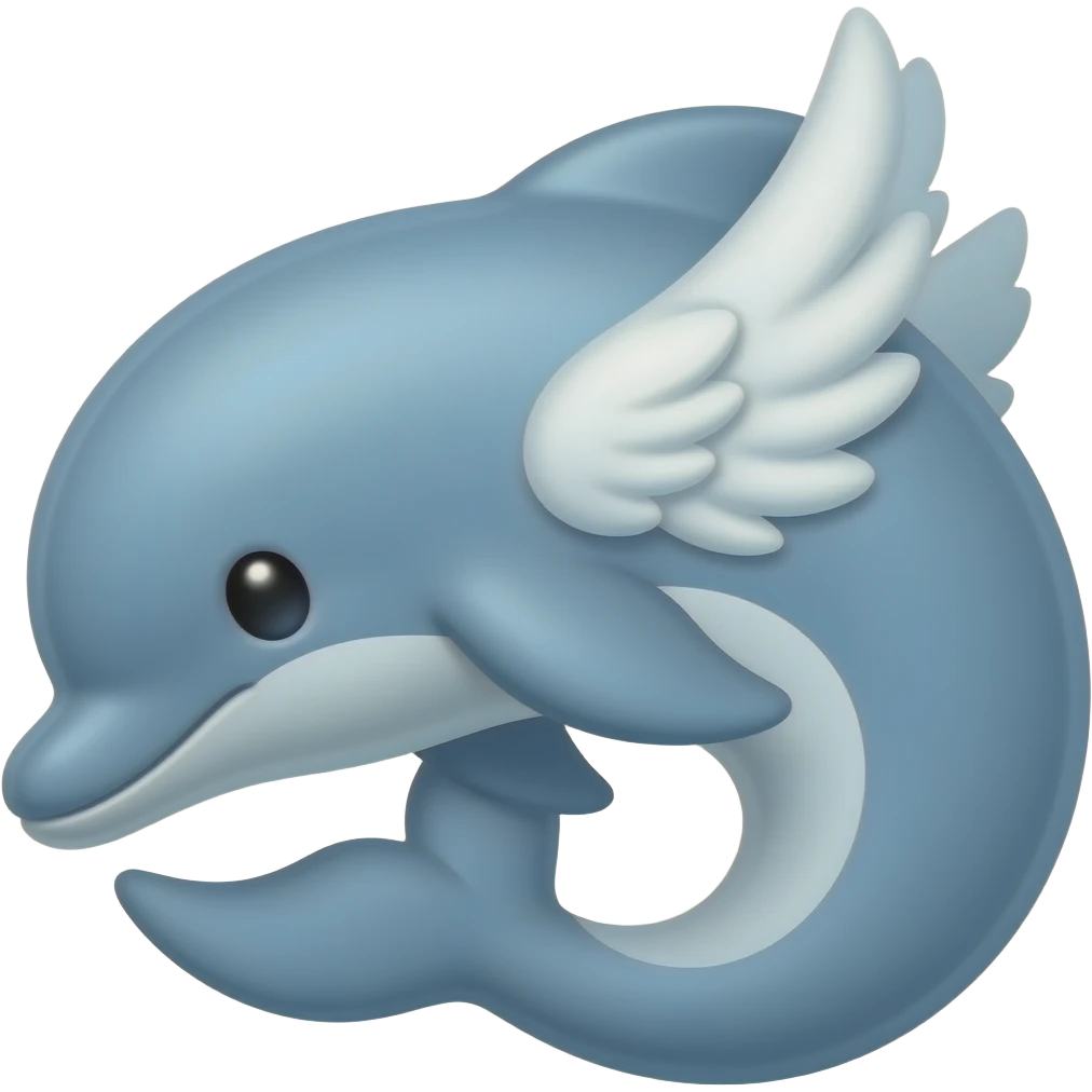 🐬thin dolphin emoji but with 2 white wings, blue, curld up,2d, simple emoji