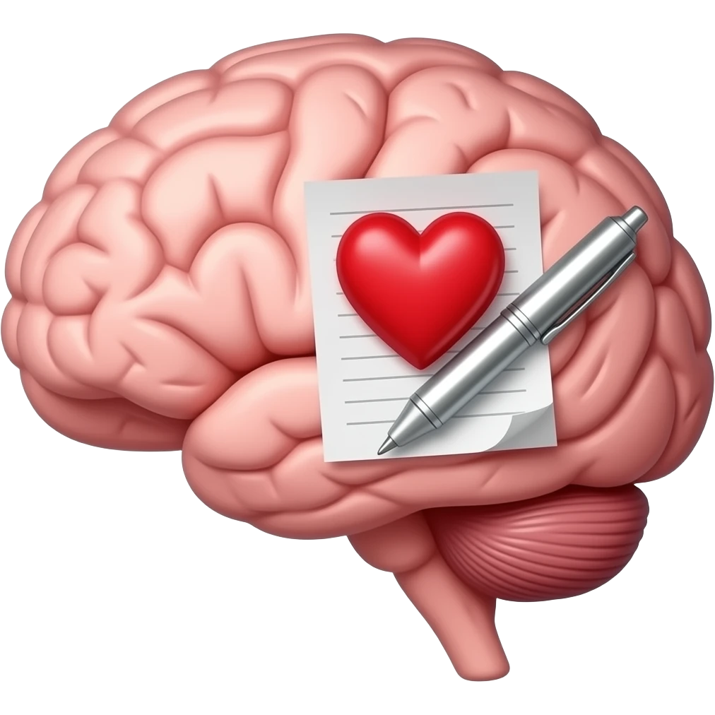 a brain with a heart inside of it and pen and paper emoji