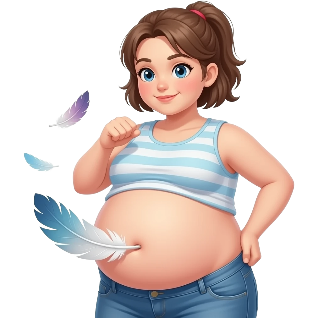 A girl with a huge bloated belly,now faces a battle with a feather that wants to tickle her bellybutton. emoji