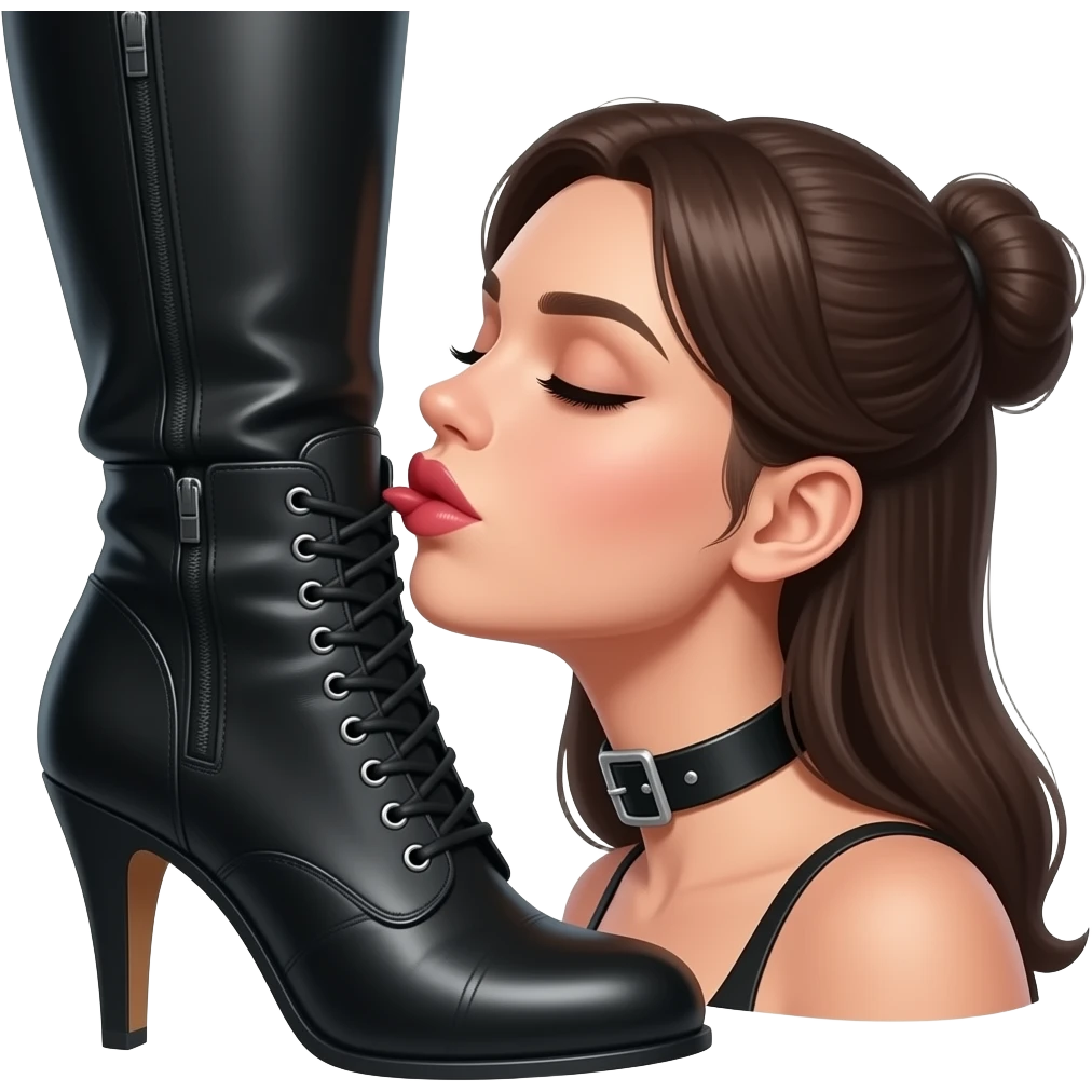 A submissive wearing a collar kissing a domme's boot clad leg. the image should focus on her head as she kisses the boot. emoji