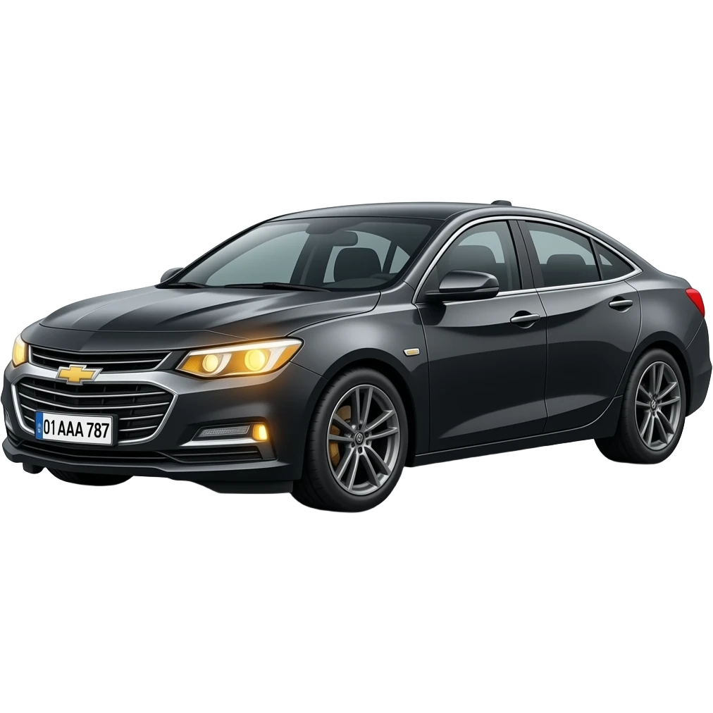 A realistic icon emoji of a metallic black sedan Chevrolet Malibu 2.0L Turbo Premier, side angle, dark charcoal tint windows, black alloy 5-spoke rims, Dynamic amber glow LED headlights with sharp laser-beam effect, uzbekistan flag region, number texts "01 | AAA 787" in plate emoji