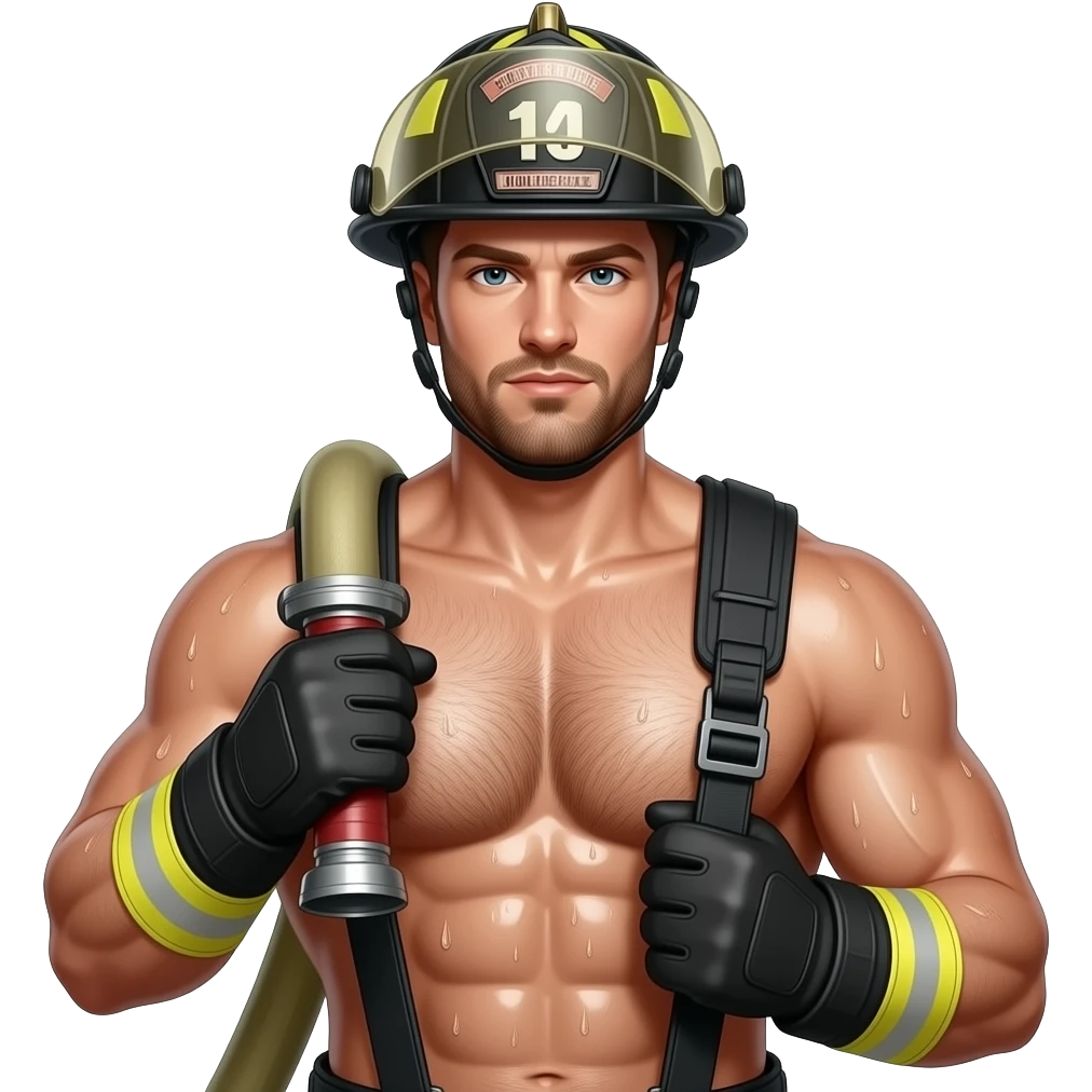 Erstelle ein Portrait von einem muskulösen Oberkörper freien nassen Feuerwehrmann mit Helm, er hat eine behaarte Brust und Bart, seine Brust soll gut mit auf dem Bild zusehen sein und nass glänzen. Er hat Handschuhe und ein Feuerwehrschlauch über der Schulter emoji