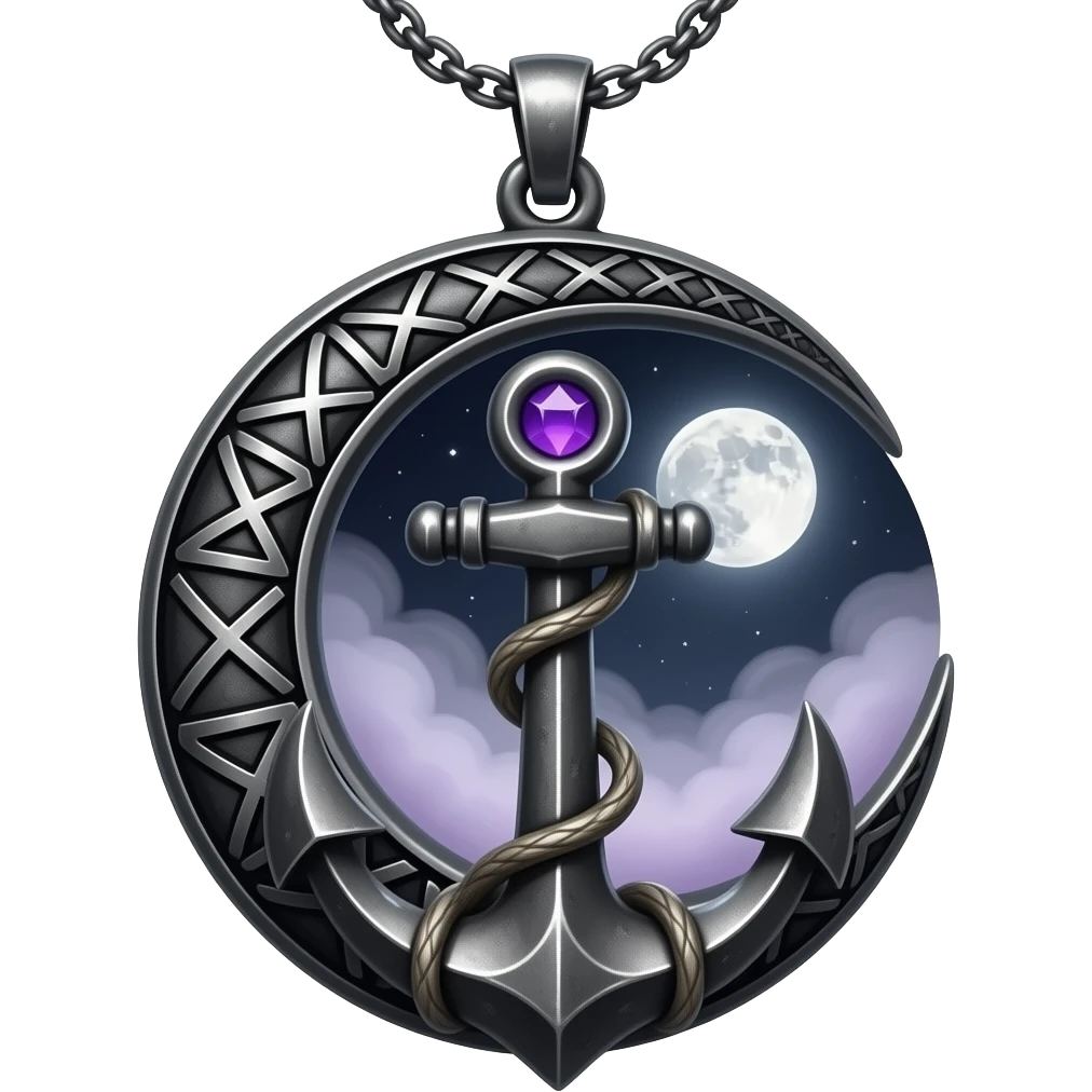 „blackened crescent‑moon and anchor pendant fused together, intricate runic engravings, small purple crystals emitting mist, moonlight reflecting on metal, ethereal atmosphere, high detail, no characters“ emoji