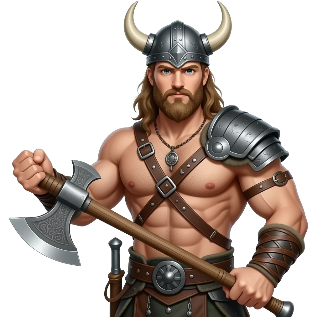 Nahaufnahme von einem Vikinger mit nackten muskulösem körper und einer behaarten und starken Brust, mit Leder Riemen und Schulterpanzer. Er schwinkt eine Axt und trägt ein Helm mit Hörnern und Bart emoji