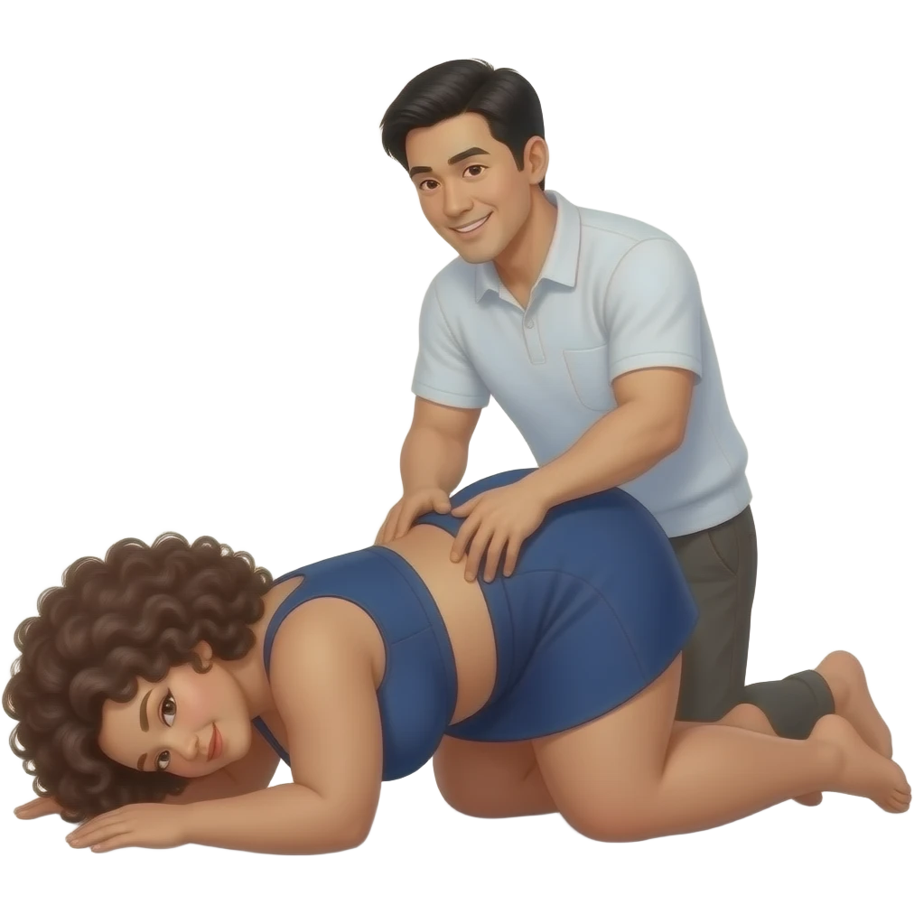 Curly and Thick Woman with small waist and large legs laying on her knee and on her head with an asian man behind grabbing her waist emoji