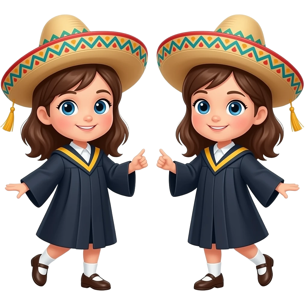 Two little white girls with brown hair and blue eyes dancing with sombreros on in graduation gowns emoji