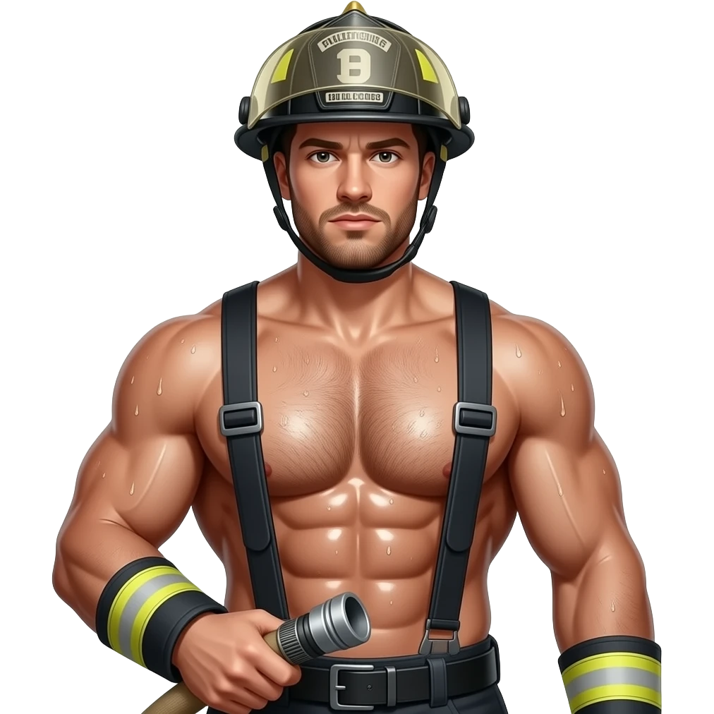 Erstelle ein Portrait von einem muskulösen Oberkörper freien nassen Feuerwehrmann mit Helm, er hat eine behaarte Brust und Bart, seine Brust soll gut mit auf dem Bild zusehen sein und nass glänzen.  Er hat ein Feuerwehr Schlauch in der Hand emoji