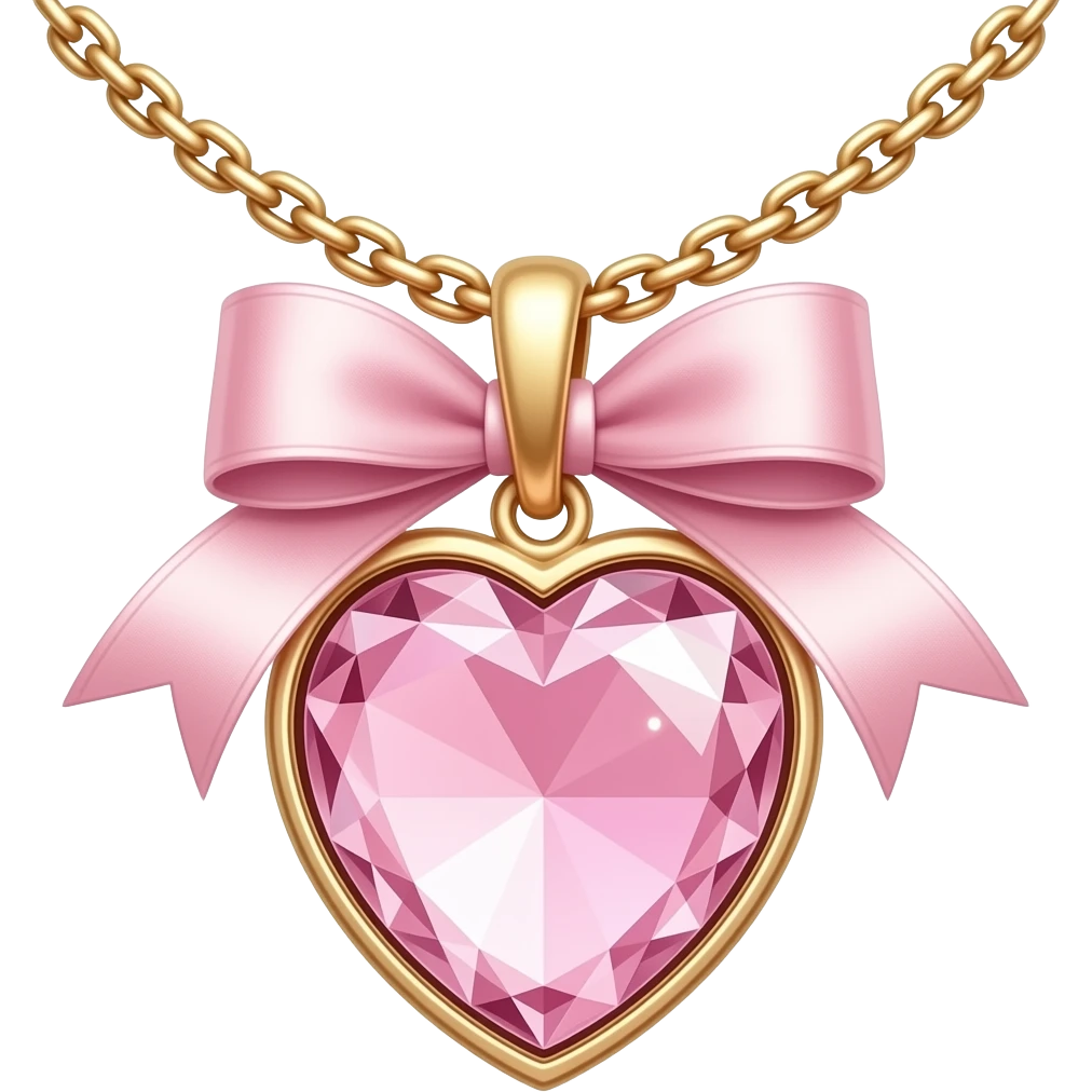 pastel pink crystal heart pendant with satin ribbon, kawaii coquette aesthetic, glossy gemstone, gold chain, dreamy magical girl style, transparent png emoji