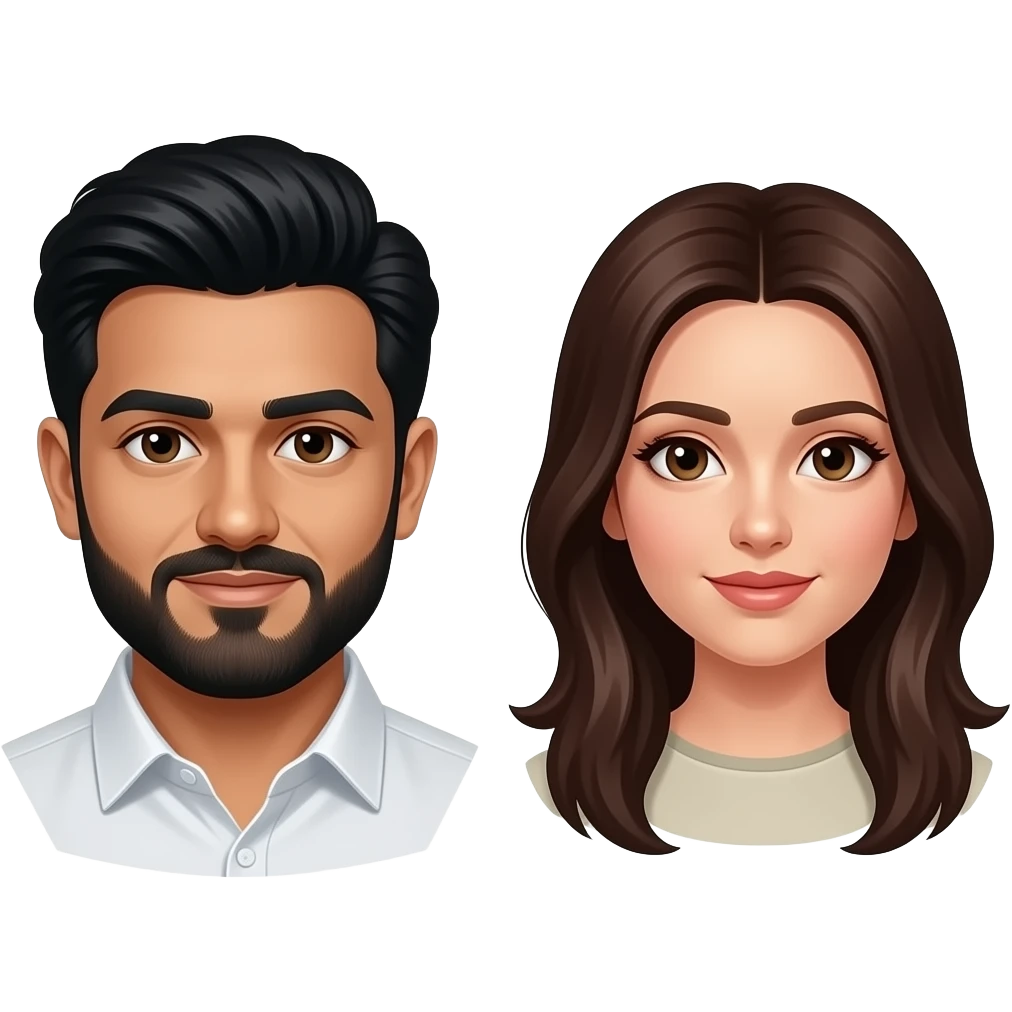 Pakistani guy with black hair, mustache and beard and white girl with dark dark brown hair without bangs emoji