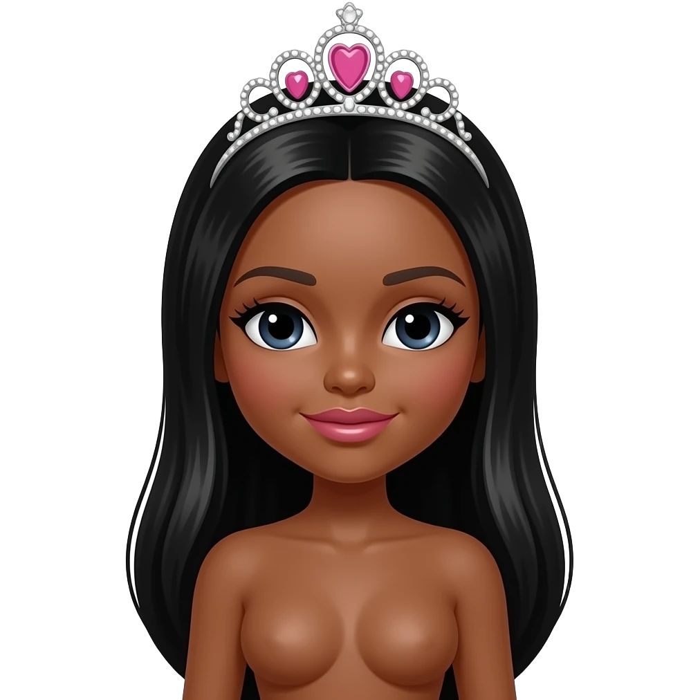 pink tiara, doll eyes, Doll, big chest, dark brown skin, with middle part long black hair, black cute eyes, with cute lip, without no bra emoji