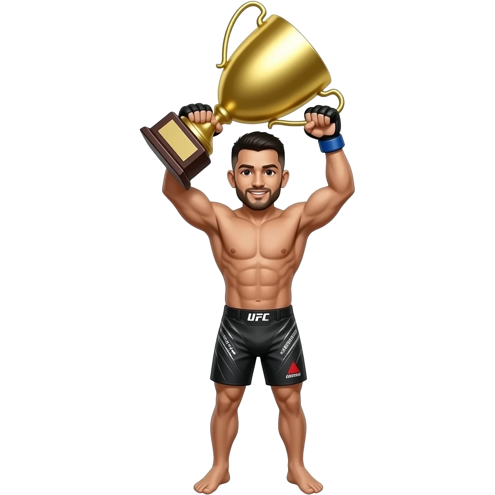 Wygeneruj sportowca mma który podnosi złoty puchar w gest zwyciesta od (cała sylwetka od stop) emoji