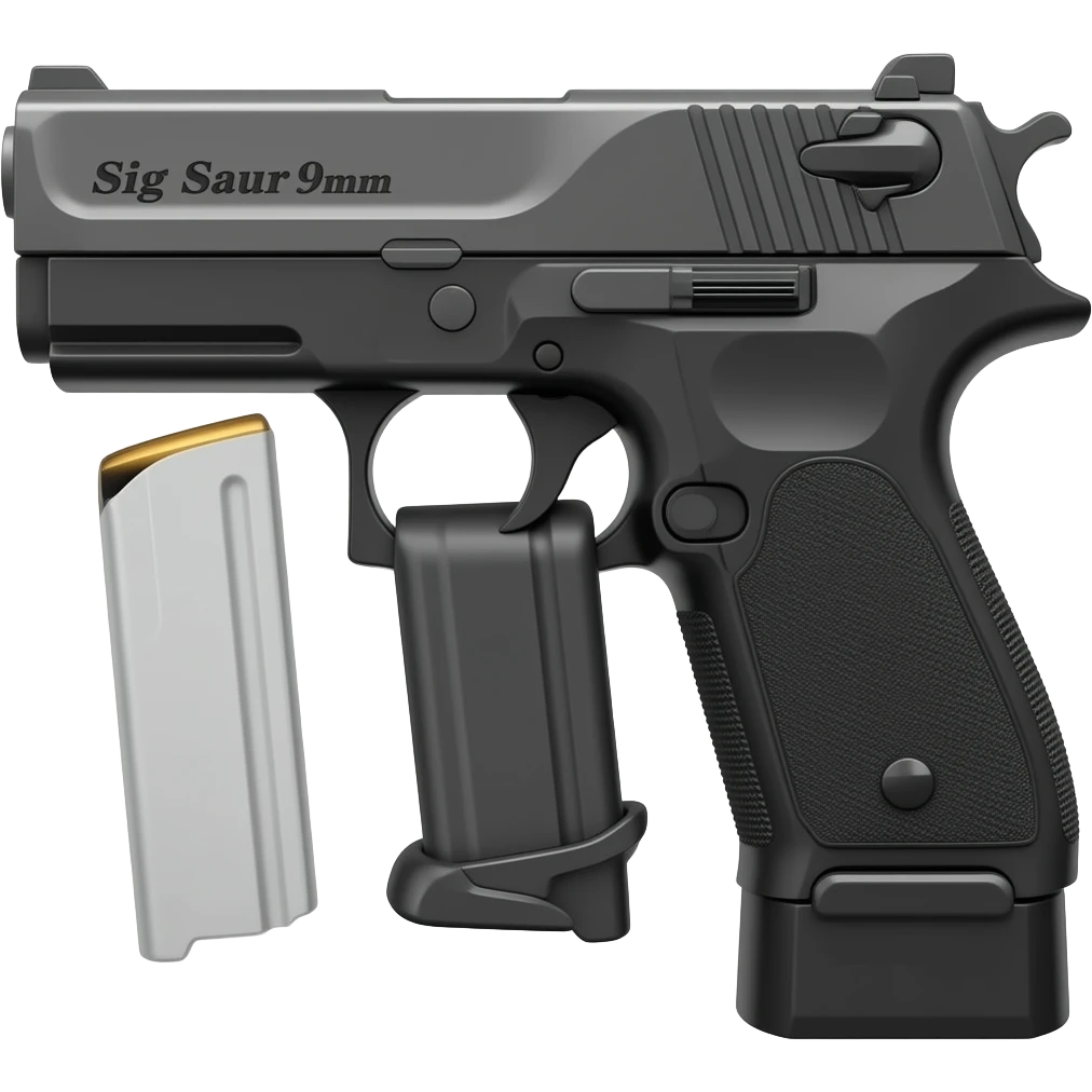 Make the sig saur 9mm pistol and add the name "Sig Saur 9mm" on the barrel . Make the name darker.  Make an extended clip hanging below the gun grip. Get rid of the clip not in the gun emoji