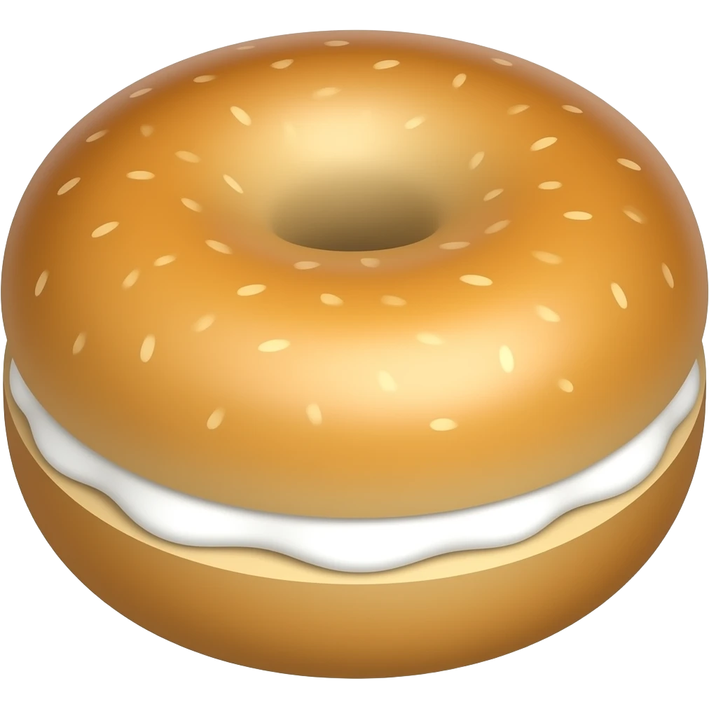 Everything bagel split with one piece sitting on top of the other with cream cheese on them emoji